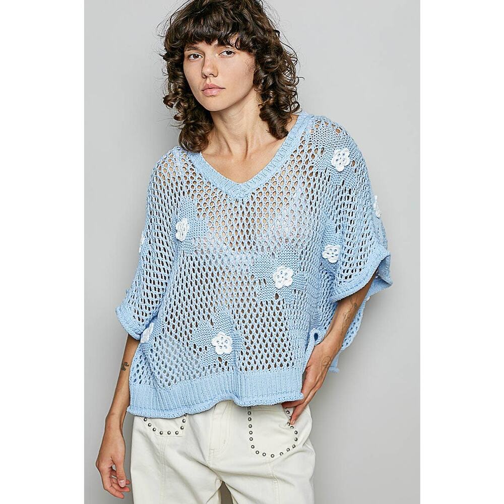 "Bloomin' Filly" Floral Patch Open Sweater Top Black - Picture 4 of 16